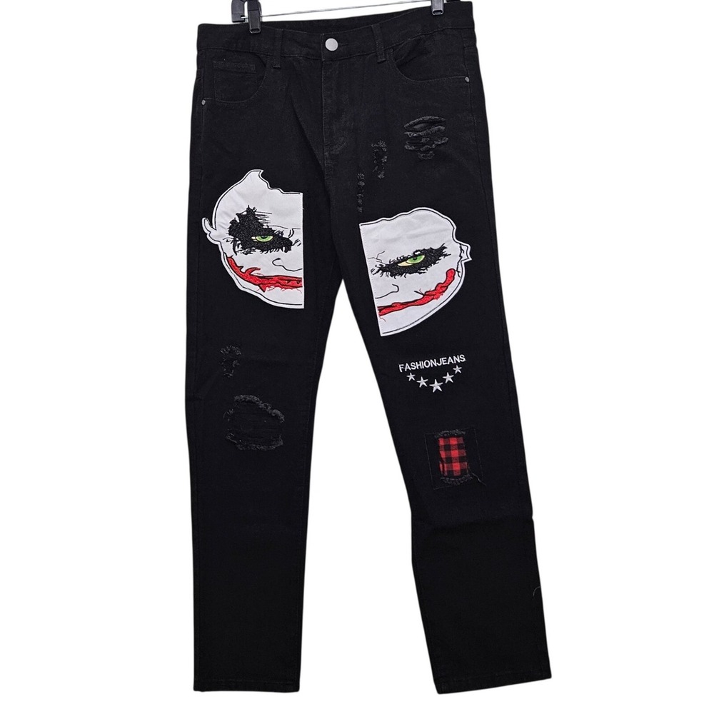 Jeans Joker Distressed Denim Mens 34 Black Streetwear‎ Punk Goth Skater Grunge